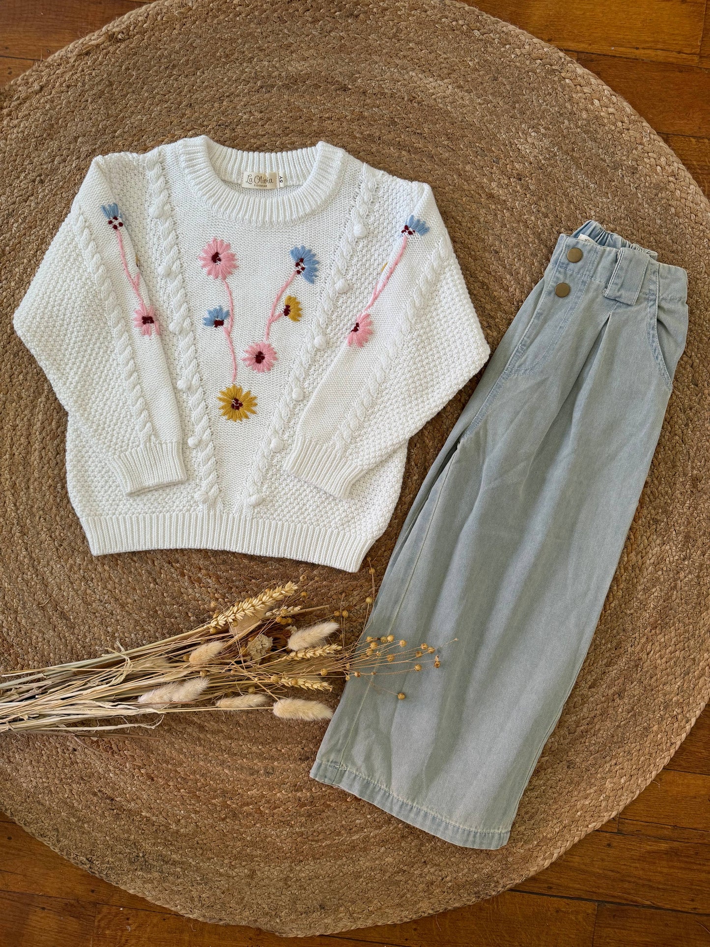 Millie White Sweater with Flower Embroidery