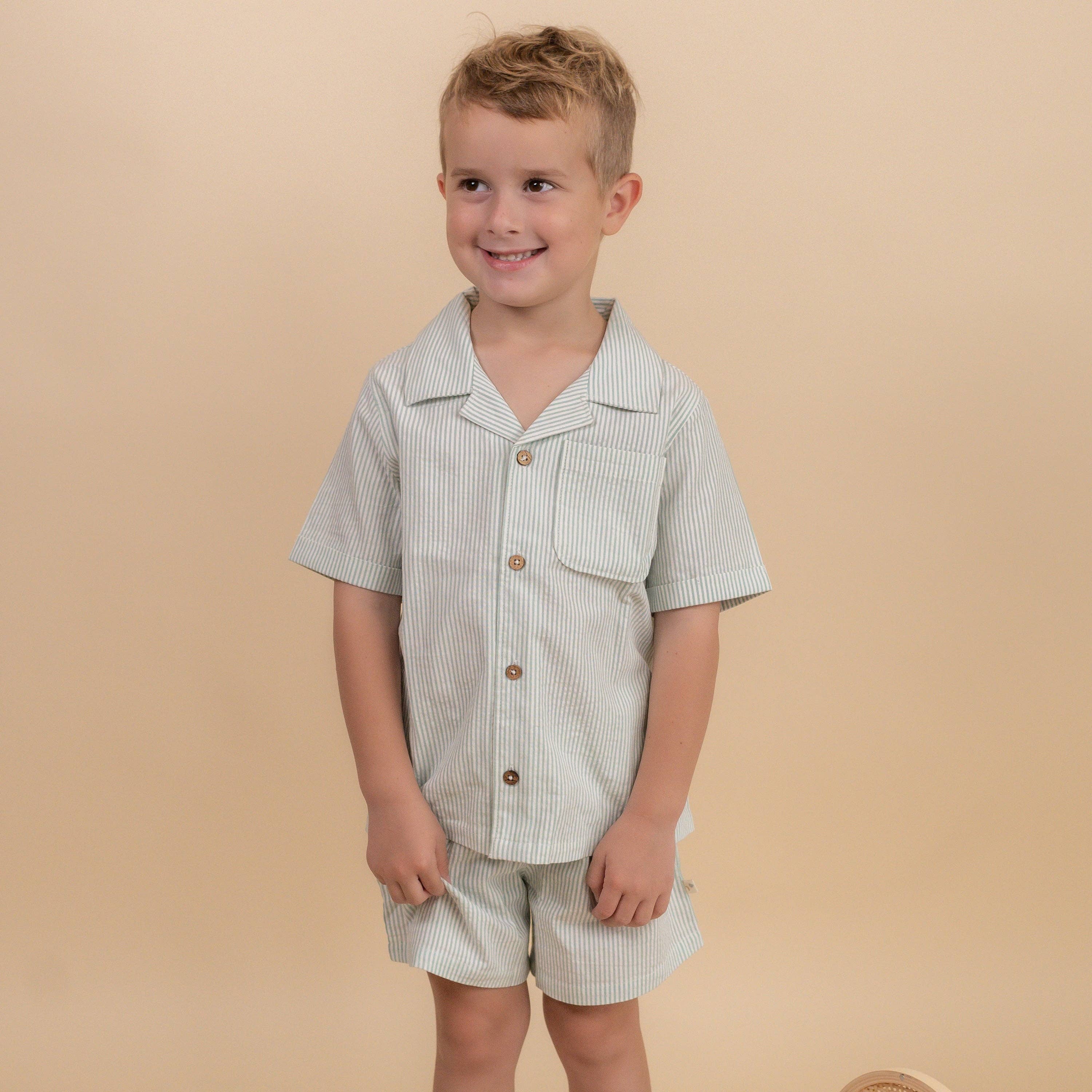 Green Striped Shirt & Shorts Set