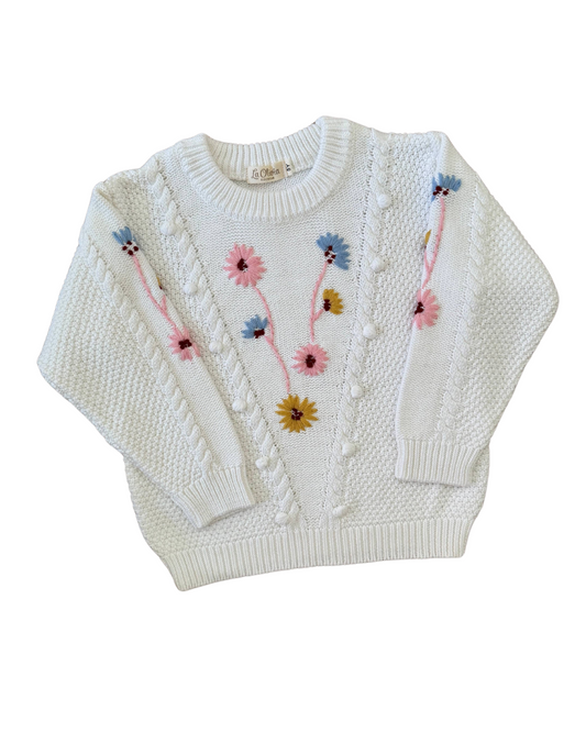 Millie White Sweater with Flower Embroidery